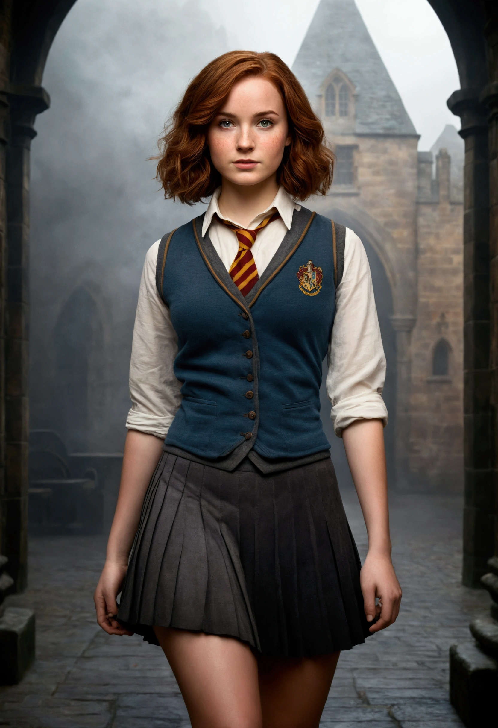 An illustrated movie poster, hand-drawn, full color, a female Hogwarts student, 1, wearing a charcoal vest and a pleated skirt, toned, amazonian stature, athletic hourglass figure, full wide hips, massive round butt, long shapely legs, ridiculously thick powerful thighs, hazel eyes, deep dark auburn hair, short curly bob cut, flushed sun-kissed complexion, freckles, resembles Genevieve O'Reilly, standing in a foggy Hogwarts courtyard, surrounded by mist, graphite shading, stencil marks, airbrushed acrylic paint, masterpiece, in the Deathly Hallows 