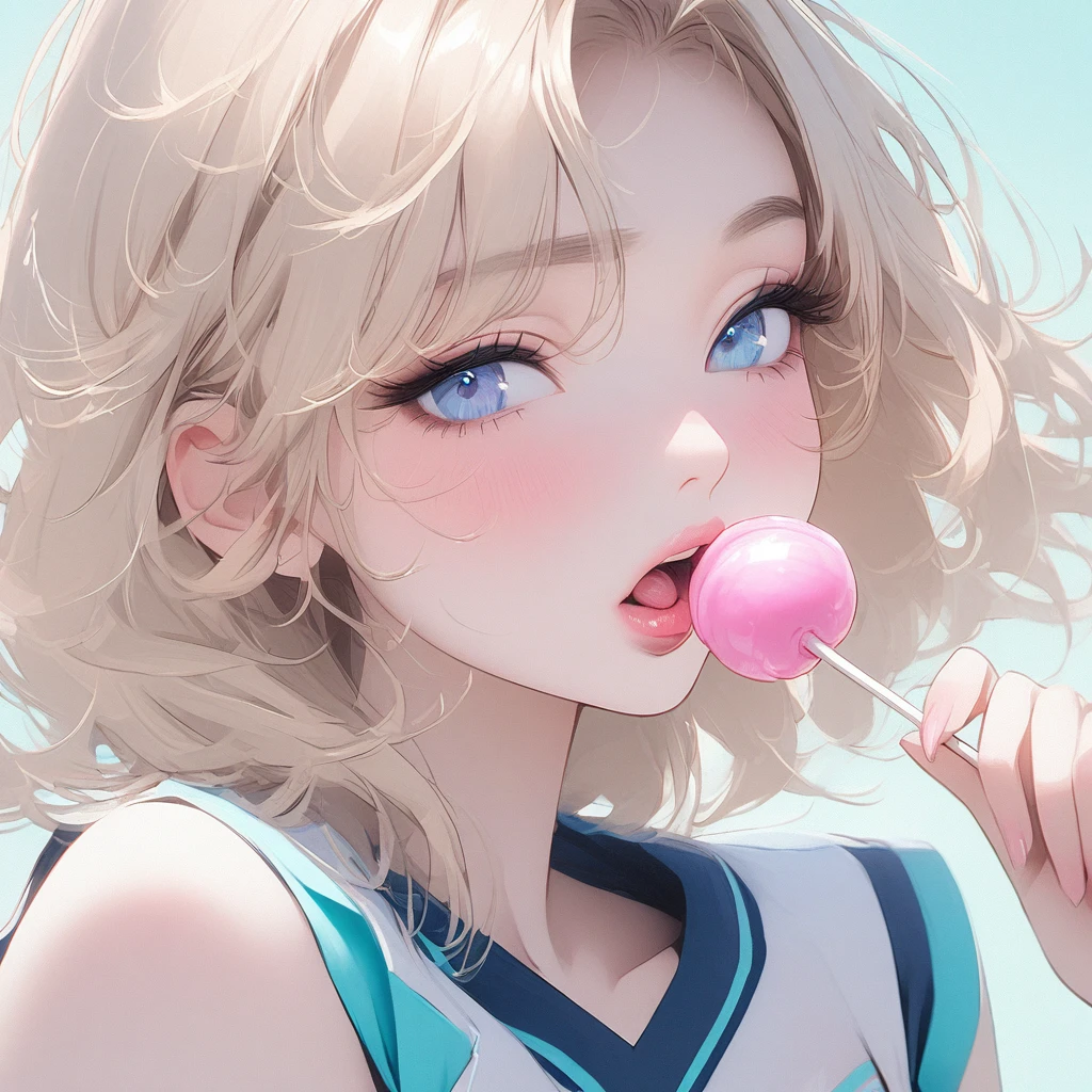 Girl, light blonde hair, blue eyes, beautiful, cheerleader uniform, pastel colors, face close-up, flat, sucking a pink lollipop, lipgloss, brat, holding lollipop, lips, sexy, ethereal, wide mouth, attractive, hot