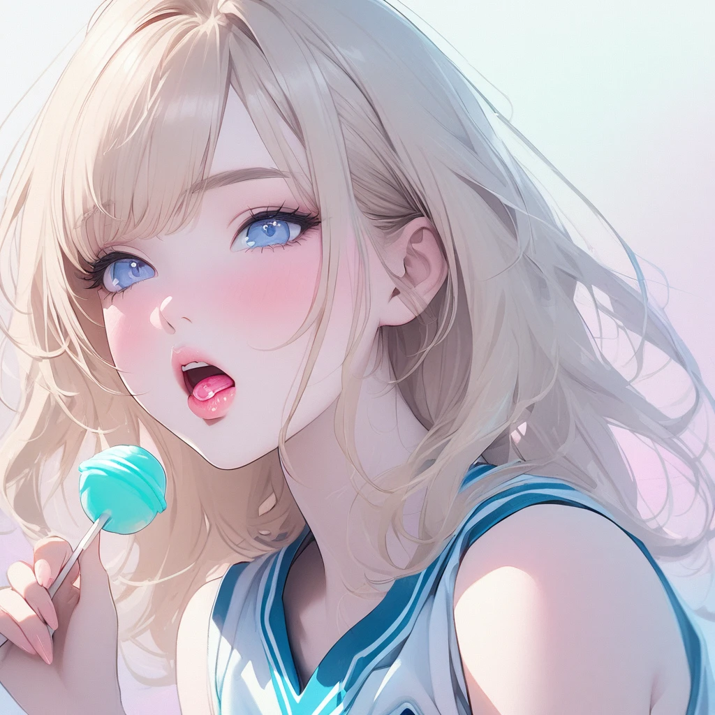 Girl, light blonde hair, blue eyes, beautiful, cheerleader uniform, pastel colors, face close-up, flat, sucking a pink lollipop, lipgloss, brat, holding lollipop, lips, sexy, ethereal, wide mouth, attractive, hot