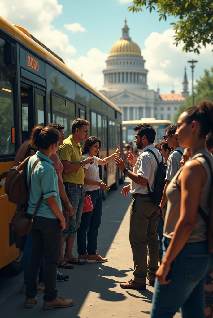 Criar uma fila de onibus parados com erro no sistema e um tecnico de TI tentando arrumar e varias pessoas em volta cobrando , com característica no centro de Brasília colocar o Palácio do Planalto na rodoviária do plano piloto no Brazil