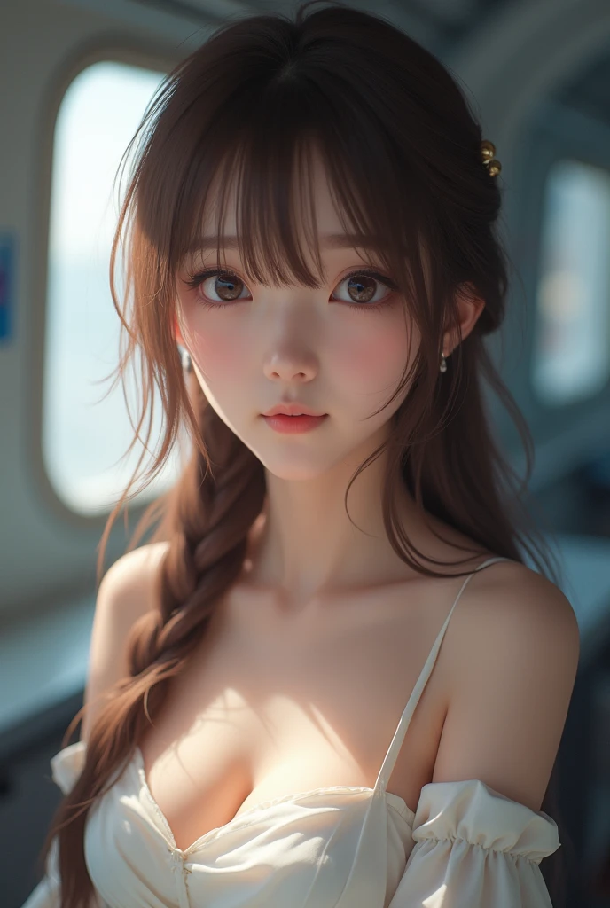 masterpiece、1 beautiful girl、Beautiful Eyes、Puffy eyes、Highest quality, 超High resolution, (reality: 1.4), Cinema Lighting、Japanese、Asian Beauty、Korean、so beautiful、Beautiful Skin、Body facing forward、Face close-up、(Super fanciful)、(High resolution)、(8k)、(Very detailed)、(美しくBeautiful Eyes)、(Very detailed)、 (wall-)、Detailed face、Bright lighting、Professional Lighting、nice smile,Looking at the audience、Look straight ahead、Diagonal bangs、Nogizaka Idol、Korean Idols、(masterpiece, Highest quality, High resolution, 32K), Bianca_Dragon Quest 5, woman, (Brown Hair:1.1, long Brown Hair, Braid:1.1, White Dress, Black long boots:1.1, Huge breasts:1.55, Perfect slim body:1.2), (Futuristic spaceship cockpit, Bright atmosphere:1.2), Grand and fantastical, ((Neutral Color)), (Calm colors:1.2), Very detailed, (Art Station:1.5), Cinematic, Warm Light, Dramatic Light, (Intricate details:1.1), (Natural skin texture, Soft Light, sharp:1.2), (Detailed face, Ultra-dense skin),