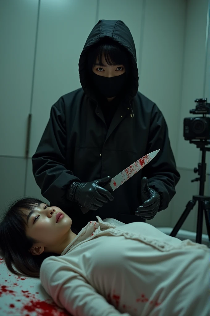 korean girl, (behind stiff, holding knife), stabbing, black balaclava mask, black leather gloves, bath room, black raincoat, hood up, holding knife, leather gloves, woman on top, behind cadaver, looking at viewer, blood splatter, night, mass murderer, killer, short hair, blood splatter, tripod and camera in the back, shooting with camera