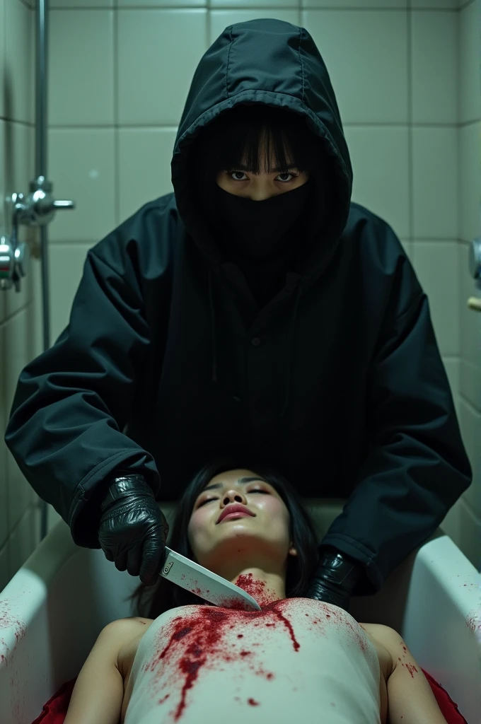 korean girl, (behind stiff, holding knife), stabbing, black balaclava mask, black leather gloves, bath room, black raincoat, hood up, holding knife, leather gloves, woman on top, behind cadaver, looking at viewer, blood splatter, night, mass murderer, killer, short hair, blood splatter, tripod and camera in the back, shooting with camera
