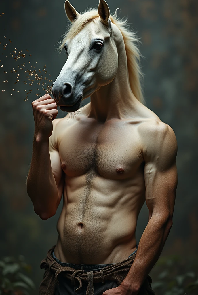 an anthropophobic horse, masturbating and cumming on his own chest, he spurts jets of sperm into his own mouth and greedily swallows them without any fear, his belly swells with so much sperm he ingested, his dick is very big and his tight asshole is visible, he is dominant