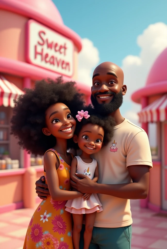 44 year old woman, black, cabelo blackw afro, height 1,52,Grinning.flower dress, with a bow in her hair 8 year old child, black, cabelo blackw afro, olhos castanho escuro Grinning. Unicorn dress for 45 year old man, blackw, bald in front, with beard, social t-shirt, Grinning
Mulher de 22 anos, black, blonde hair color, 
smooth ass,fine nose, Grinning. All 4 hugging In the background candy store written sweet heaven, sky realism, disney pixar. Store configuration