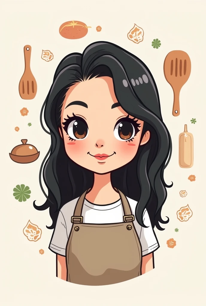 Create a profile picture for my Instagram food page of called “Behind The Apron“ . I am a girl with fair skin (please don’t make my cheeks rosy red) and black medium length hair just passing my shoulders. Include a cartoon of myself