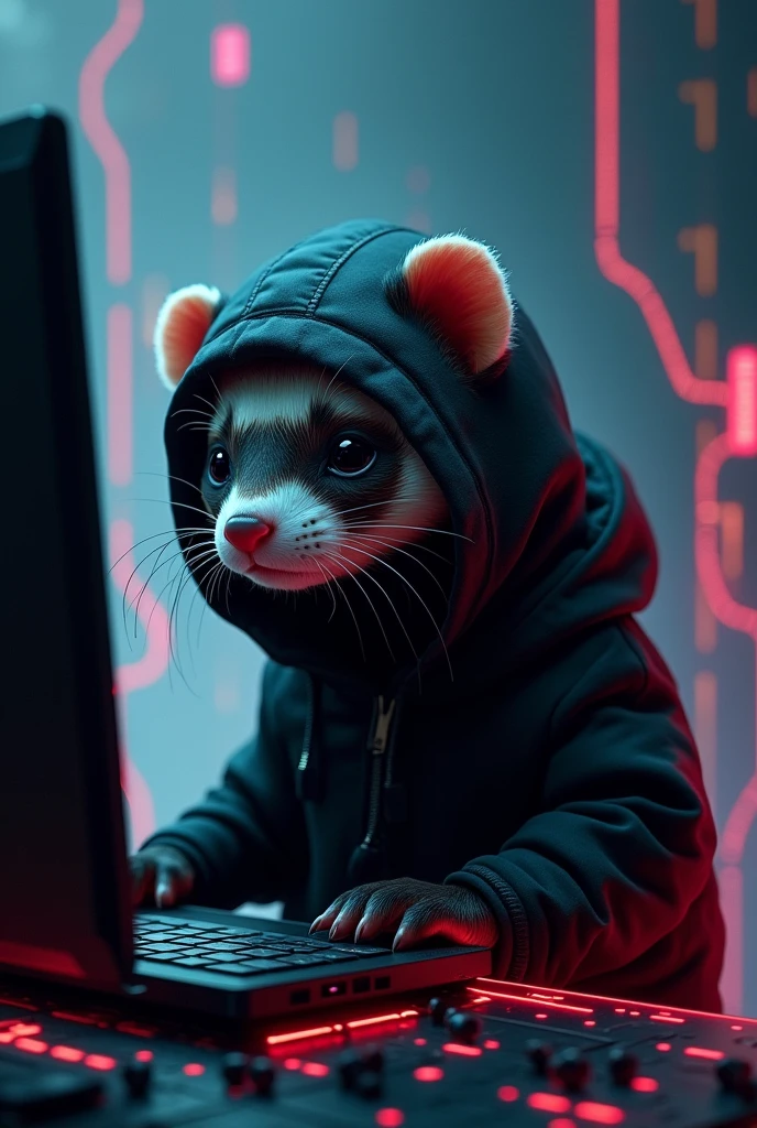 ferret animal in black hooded coat with neon lines hacking a network