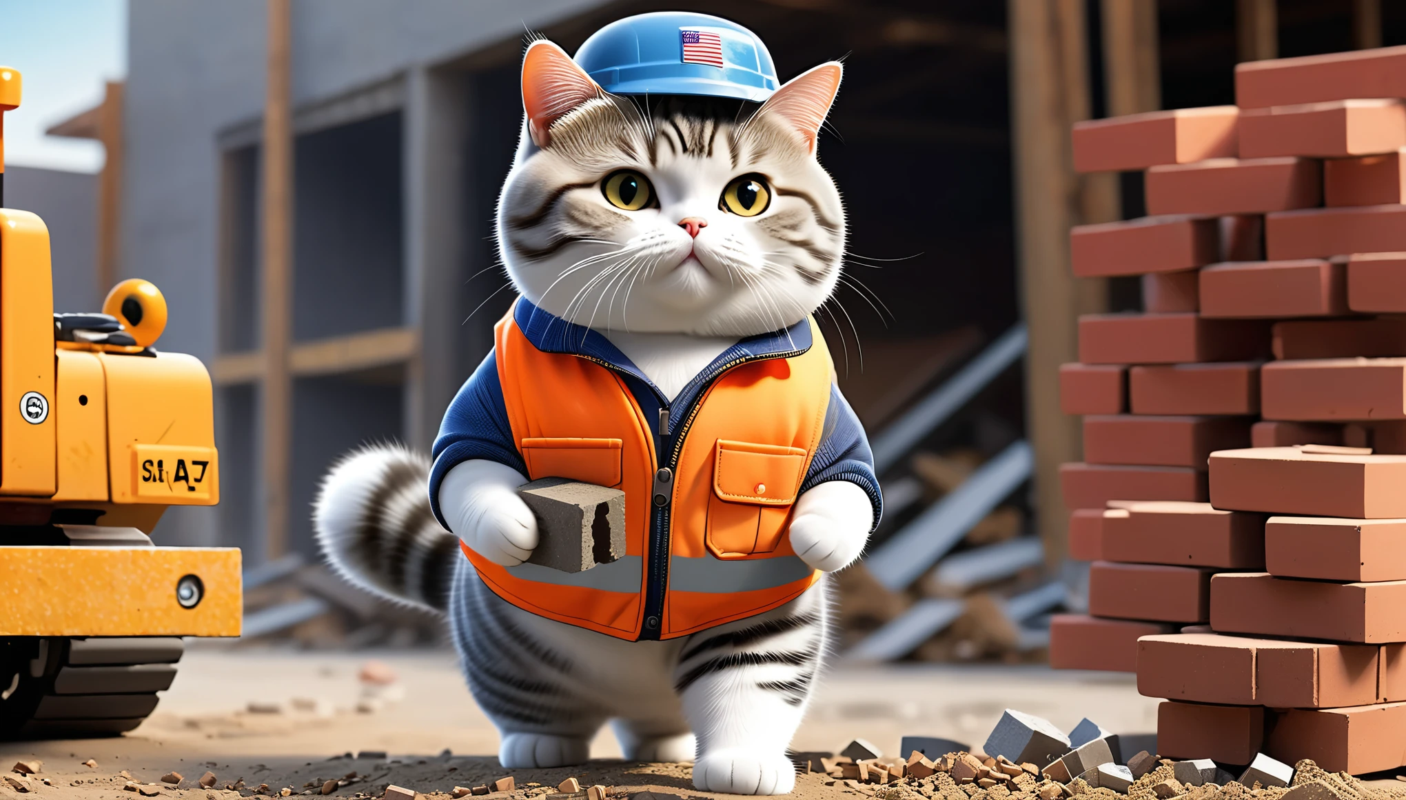 Photorealistic portraits of animals wearing clothes,personification,Standing,Fat American Shorthair Cat,Carrying bricks,hairy,Tail,hairyTail, high quality(cute) Intricate details,Very detailed construction worker, Construction worker hat , Very detailed equipment ,Happy, Studio Lighting,hairy,Background construction site,Truck as background,Building construction site