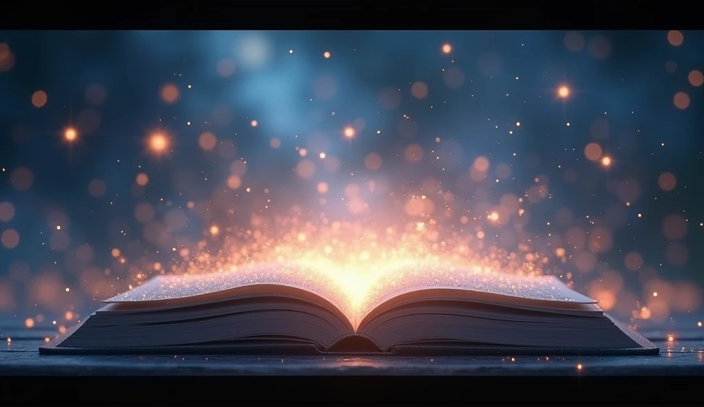 A closing scene with rolling end credits over a backdrop of twinkling stars or floating books, with a soft, magical glow, accompanied by a final message encouraging viewers to follow their dreams.