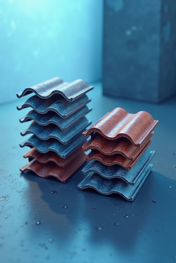 Realistic 8K image showing a stack of colonial roof tiles next to a stack of metal roof tiles. The scene focuses on the distinct textures and characteristics of both types of tiles., highlighting their differences. Predominant shades of blue are used in the sky, in the shadows, and in subtle elements around the stacks, creating visual harmony and highlighting the blue color palette in contrast with the tiles. The image conveys a technical and detailed feel., emphasizing the diversity of building materials