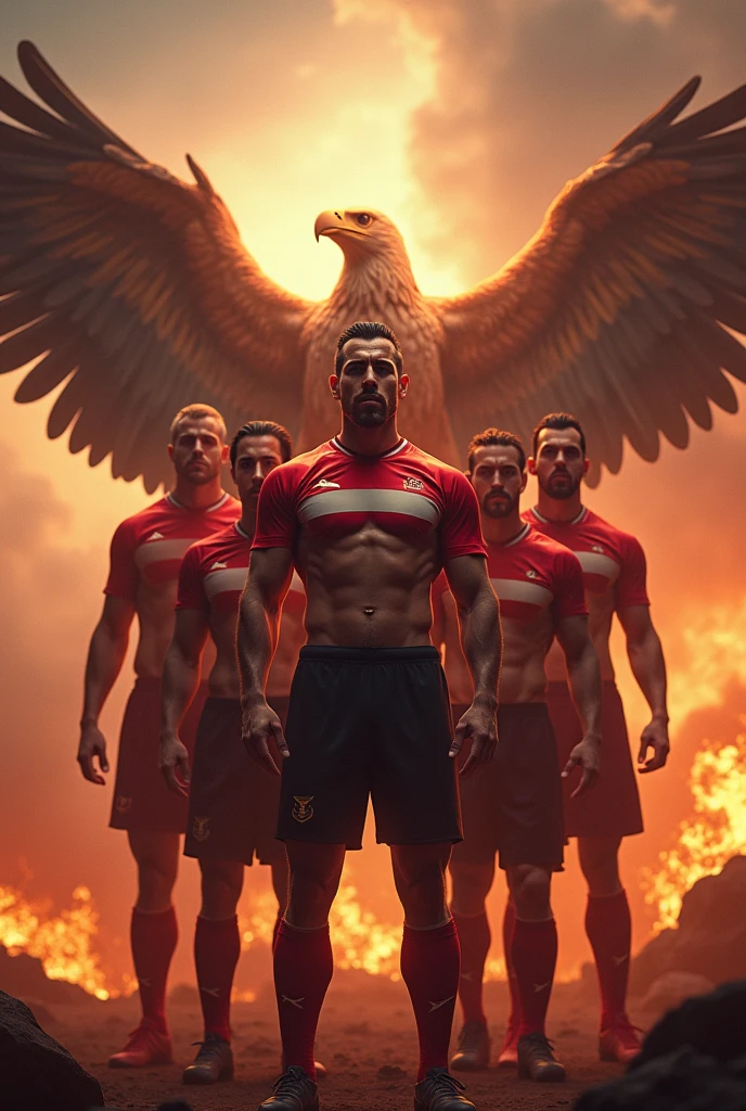 A heroic Egyptian football team, a majestic eagle soaring in the background with wings spread, a raging fire behind it, (best quality,4k,8k,highres,masterpiece:1.2),ultra-detailed,(realistic,photorealistic,photo-realistic:1.37),dramatic lighting,epic,cinematic,powerful,imposing,intricate details,stunning,vibrant colors,dramatic shadows,intense atmosphere,heroic poses,muscular builds,determined expressions,national pride