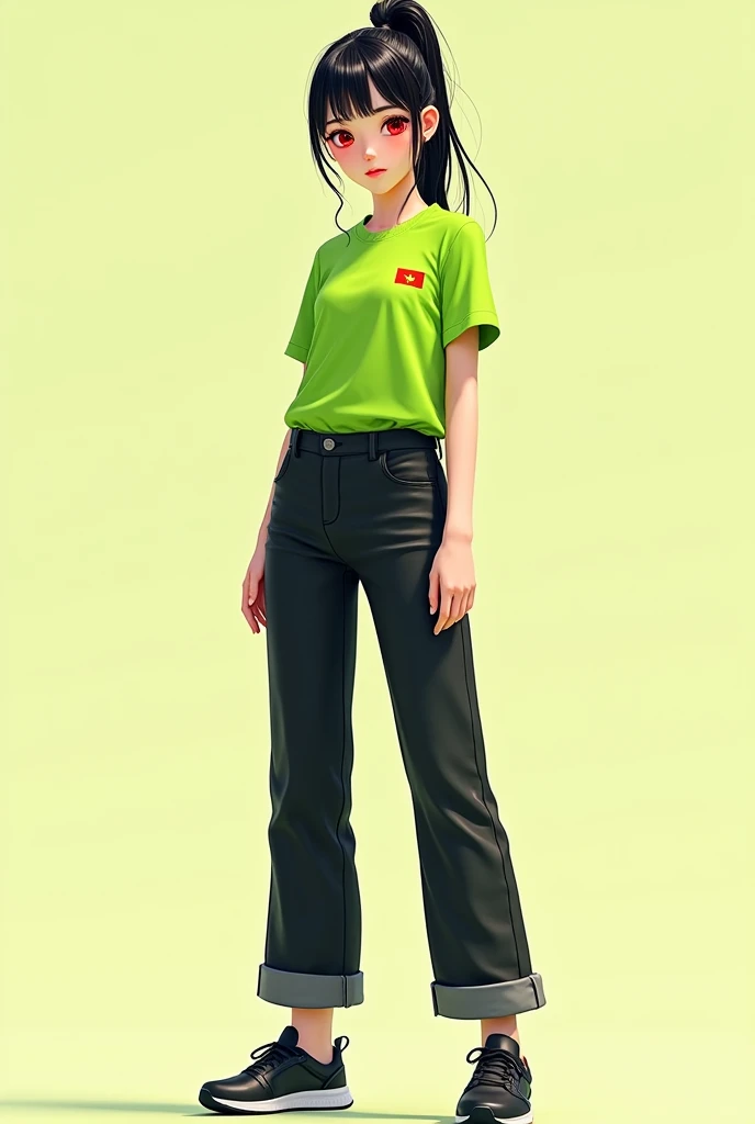 Draw a girl 1 active and she wears a bright green shirt slightly long and unbuttoned shirt with no left pocket has a small Vietnamese flag on the chest and short sleeves and wears a pair of light black pants pants with no pockets and a pair of red eyes and wears light black shoes white skin and a light black ponytail that does not show the chest and is 1m90 tall