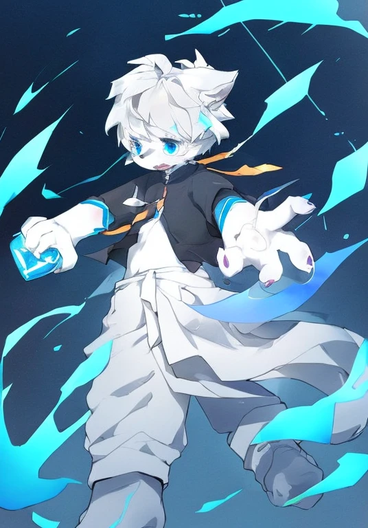 White male cat,Handsome,White hair,blue eyes,White trousers,Black shirt,Left hand red magic,Right hand blue magic