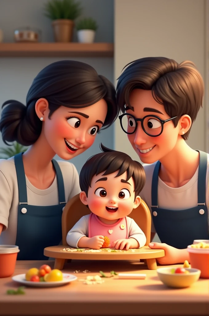 animated mom with a dark brown wavy hair and a dad with glasses, both wearing a plain white shirt and dark blue apron is admiring and looking at their baby with a dark brown hair wearing a white shirt and a pink drool bib getting messy while eating and exploring the foods sitting in a brown high chair