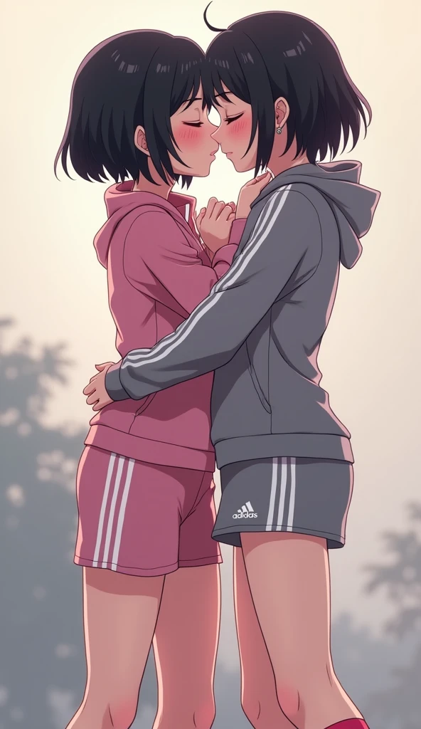 Two girls short black hairs, yuri
The first girl wear a pink adidas pants, pink cap, white socks, white adidas sneakers.
The second girl wore a grey adidas pants, grey cap, white socks, white adidas sneakers.
Japanese kiss, kissing, hugging, sensual body, closed eyes, novel cartoon, 4K, HD