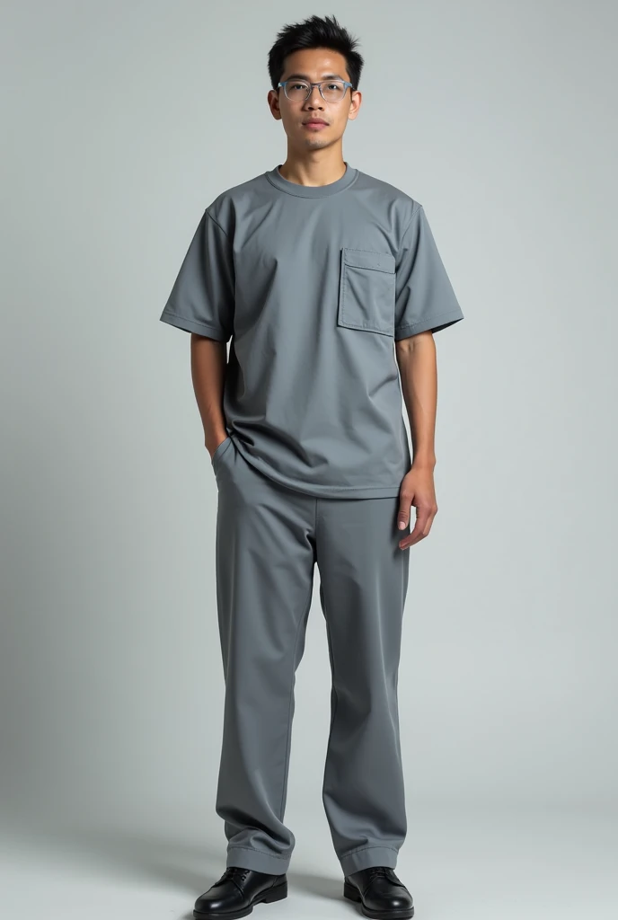 The uniform of electronic parts assembly department (smt) employees, colorful gray pants with a T-shirt with a gray line on the chest and a pocket on the chest.