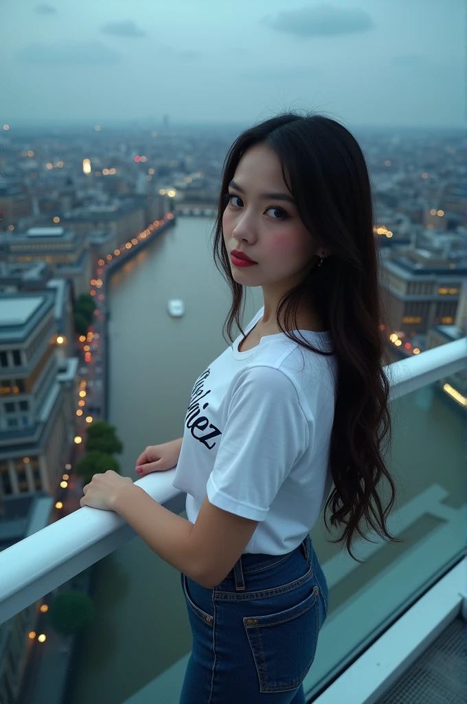 A 17 year old Thai woman sits at the Rusia Eye. She was wearing a white t-shirt that said "ANI DMEZ", tight jeans, high heels. The woman poses confidently, observing from above the entire city of London and the river Thames. Her make-up is heavy, with emphasis on her eyes and lips, the photo.the background is evening