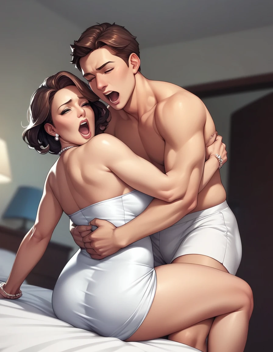 NSFW，(Very delicate，highest quality、8k），(1 boy and 1 milf are having sex)，side view，（doggystyle, hug from behind），Pitch-dark room，bed，lure，Speech bubble，Shake your hips violently，climax ，trembling，all fours 