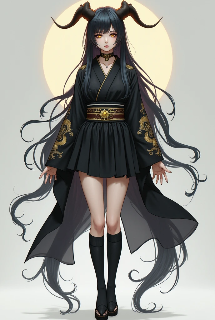 Micotte、ff141 people, chest, Long Hair, Black Hair, Red eyes, Golden Eyes, Odd Eye、Anatomically correct, mini skirt、Knee-high socks、kimono