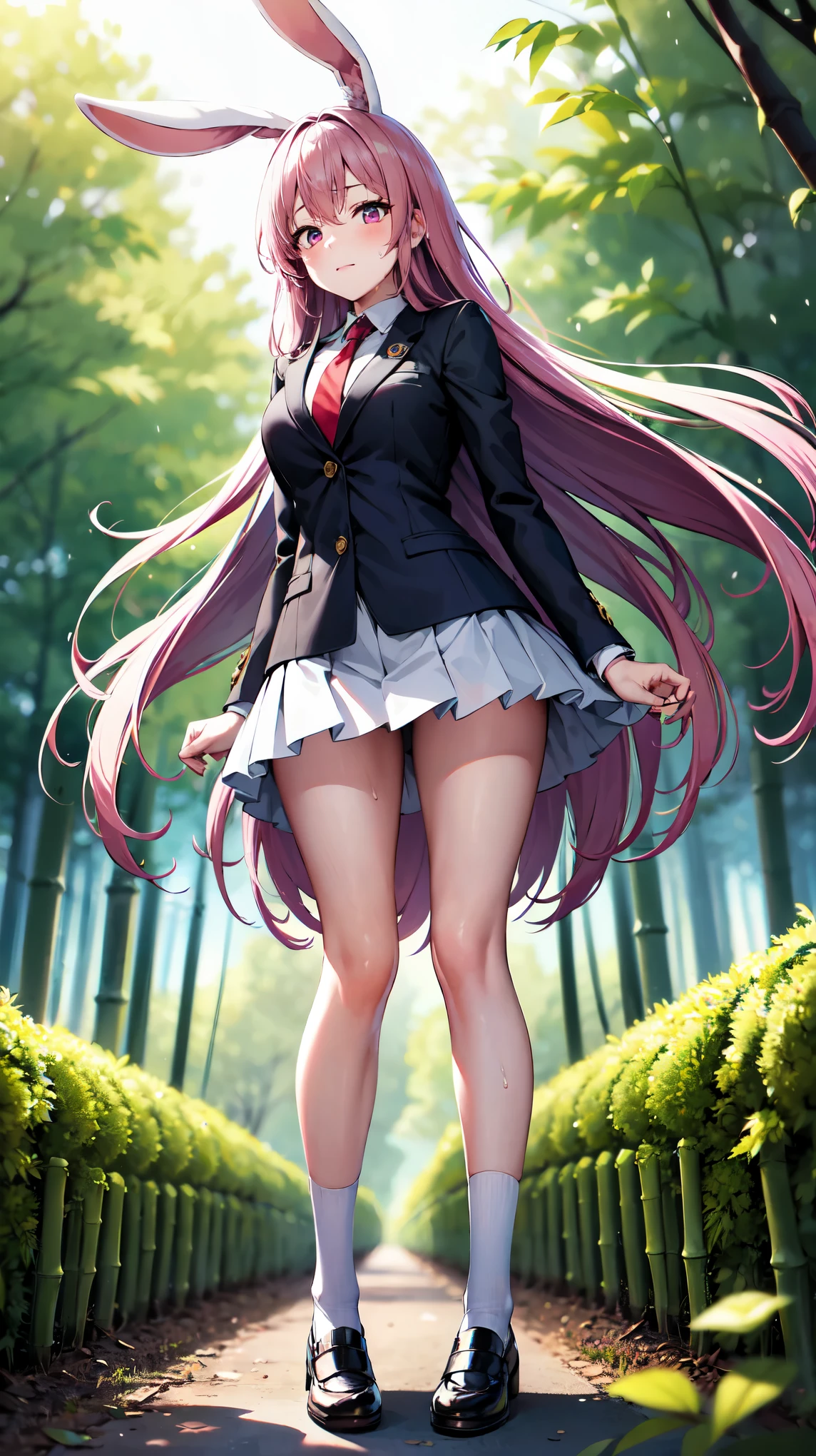 （（super high quality,Ultra-high resolution,16K,super masterpiece,Ultra HD,Ultra high definition,））Full body photo,One high school girl,White bunny ears,Very long straight purple hair,Slender body,Black blazer,All buttons are unbuttoned,White dress shirt,Long red tie,Pink mini skirt,White socks,blush,Looks at me so shyly,（（Leaning forward greatly:1.5,Hands tucked between the crotches:1.8,））Sweaty,Bamboo forest in the morning sun,（A strong wind is blowing:1.5,The wind messes up my hair and skirt:1.8,）Angle looking up from below,