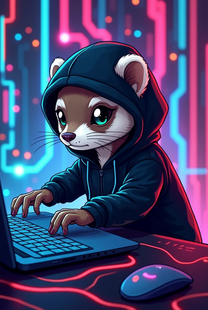 ferret animal in black hooded coat with neon lines hacking a network cartoon style