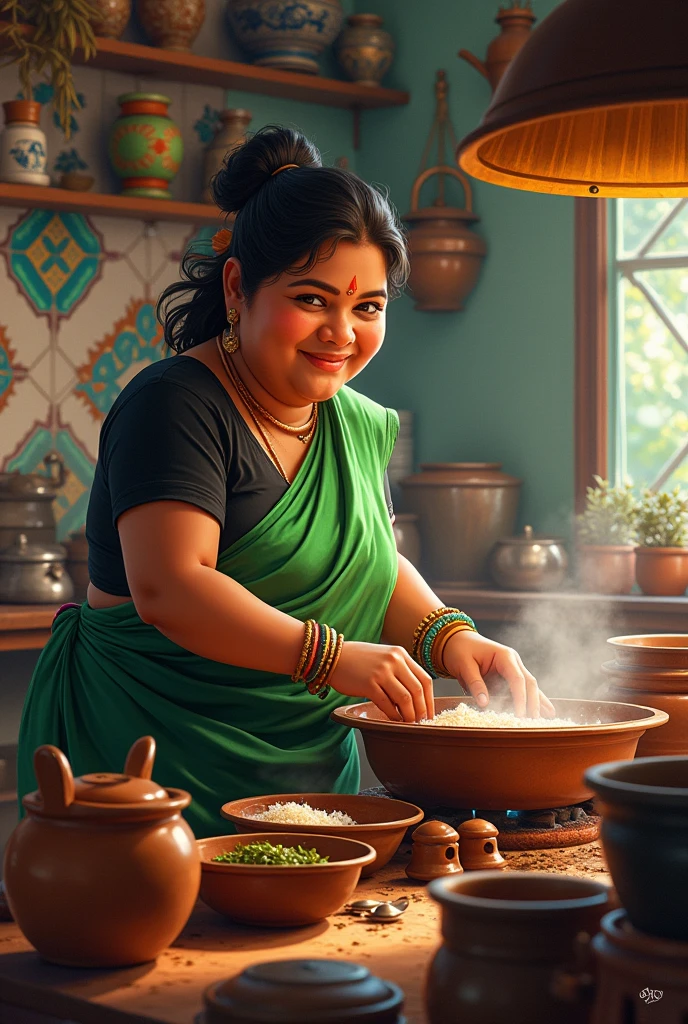 Lakshmi a sri lankan women chubby and 3 she is wearing a Saree green and cotton blouse black colour she is working in his tea shop kitchen 