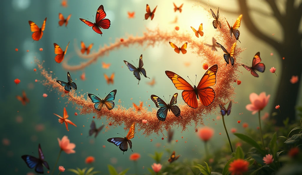 Create a vivid and magical scene where a group of colorful butterflies are fluttering their wings in unison, generating a powerful gust of wind. The butterflies should be depicted in various bright colors, their wings delicate yet strong, creating a swirling wind that moves leaves, petals, and even small objects in the environment. The background could be a lush, enchanted forest or a blooming meadow, with the wind causing trees to sway and flowers to bend. The overall atmosphere should be one of wonder and beauty, capturing the incredible, almost mystical power of these fluttering wings.