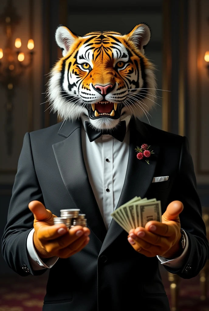 Create a humanoid tiger in a suit that looks like a casino owner, just take a frontal image and zoom it in.mer, make him offering casino tokens and in the other one $