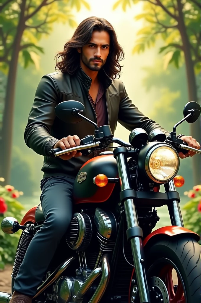 Mahesh name boy with long hair and attractive bike with nature background 