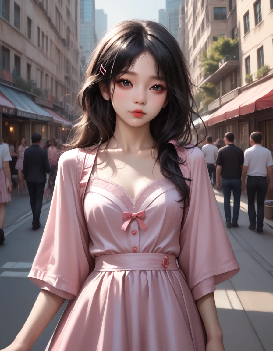 (masterpiece,highest quality,Perfect Anatomy,Exquisite detailed,Detailed face,photo realistic,realistic,hyper realistic)mature female,busty,black eyes(half close eyes:0.8)no makeup,black hair,long hair,straight hair,Center-parted bangs,hair clip,walking,city