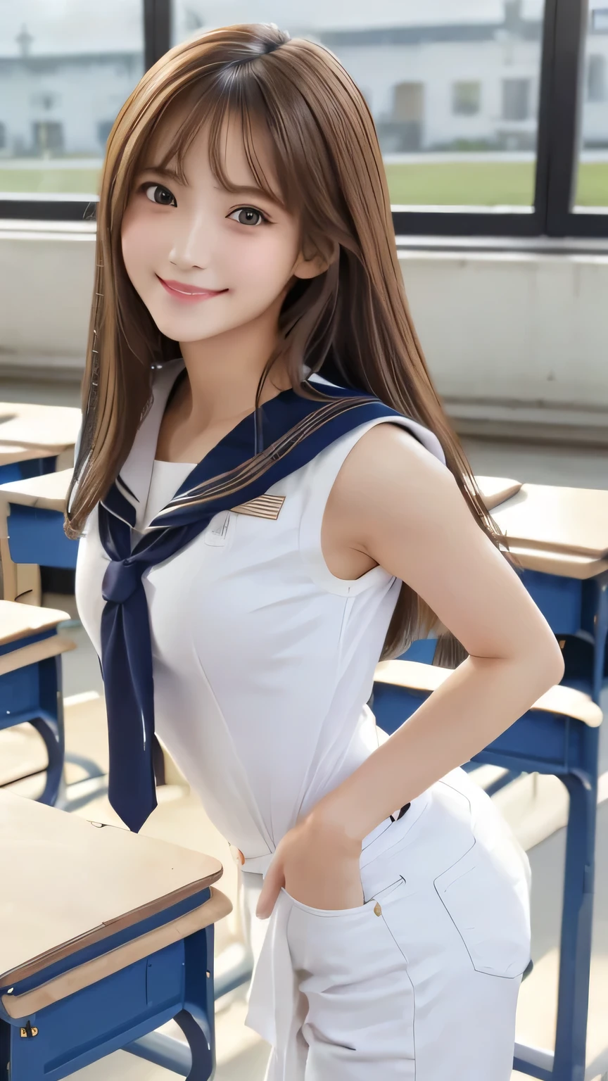 Non-NSFW、Real、(Highest quality), (masterpiece)、Ultra-high resolution、RAW Photos, (upper body), (in classroom:1.5), Fantasy、Looking into the camera、alone、(elemental Sylph:1.1), Beautiful Spirit、Super Beauty, (immature:1.2), (16years-old:1.2)、Moisturized Skin、Perfect model body、Beautiful Eyes、Big eyes, (brown eyes:1.2)、Inconspicuous tear bags、slim、Beautiful fingers、Very long hair、highly saturated photos, clavicle, attractive,skinny, (smile:1.4), (Small breasts:1.1), (brown hair), (Waist-length hair:1.5), Small Ass, lips, (sailor uniform:1.5),(white denim pants:1.2),(red tie:1.2), (high heels:1.1), (Several poses:1.1)
