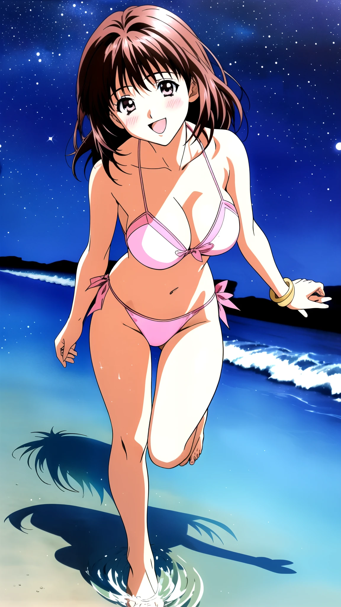 Anime illustration　Yoshizuki_Iori, 1 person, Pink bandeau bikini, Big Breasts、 blush, Cute Smile　Open your mouth, Are standing, (She walked along the starry beach at night, touched the water with bare feet, and came closest to that smile), barefoot, Two Arms, (cinematic angle:1.1),