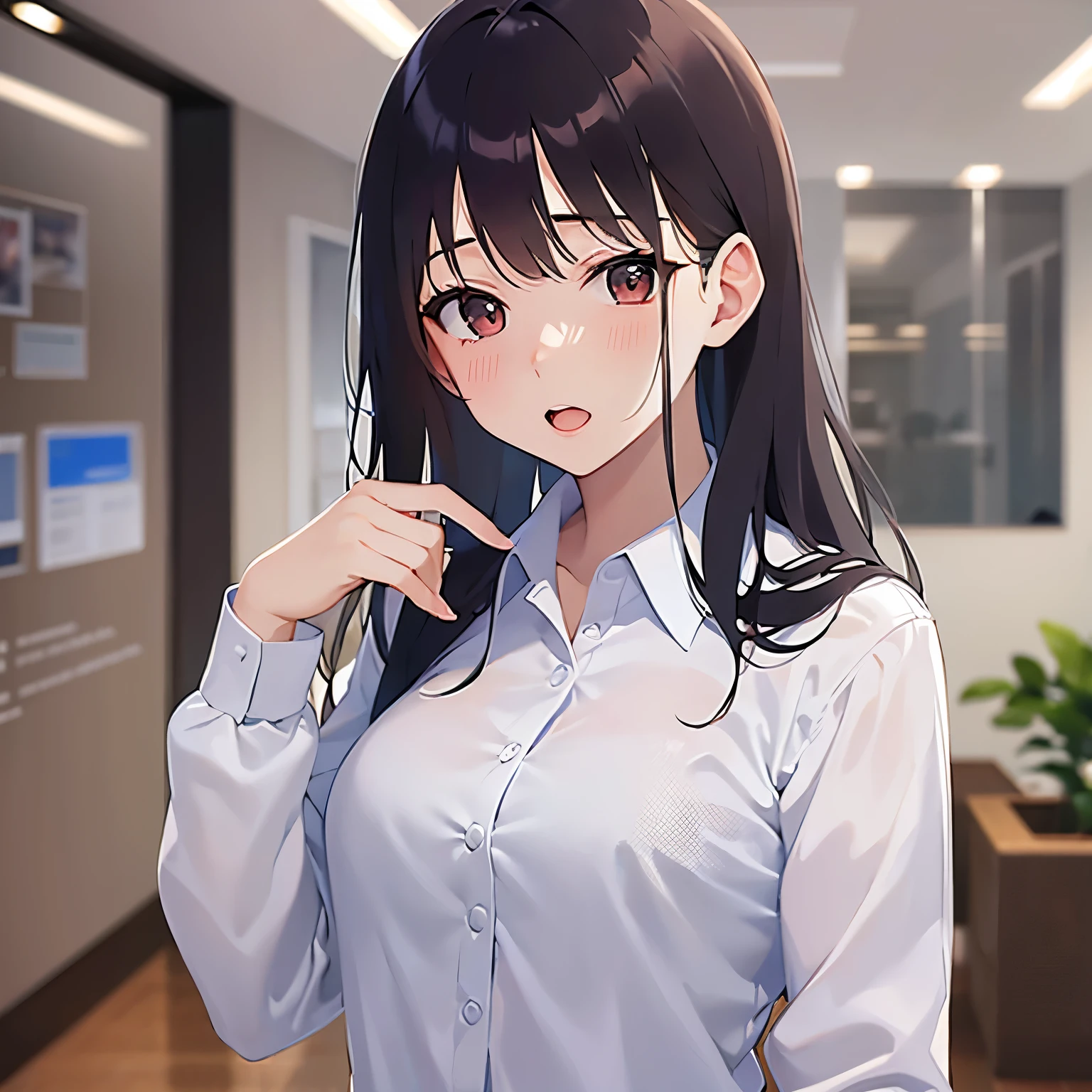 (Wearing a business suit:1.5) and (Wearing a white collared shirt)、(looking at viewer:1.5)Upper Body,Side shot、
Realistic, real person, (pale skin: 1.2), RAW photo, photorealistic, shiny skin, shiny hair、(A 25-year-old woman with medium-length hair and bangs) and (wavy hair) and (brown hair) and (orange eyes) ,
(blush:1.5),shy,open mouth,The background is the conference room、(alone:1.5)