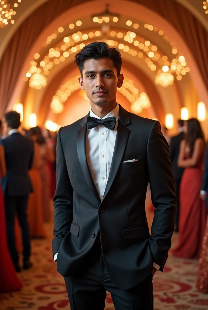 18 year old Indian boy handsome wearing formals posing for Nadeem beautiful party background