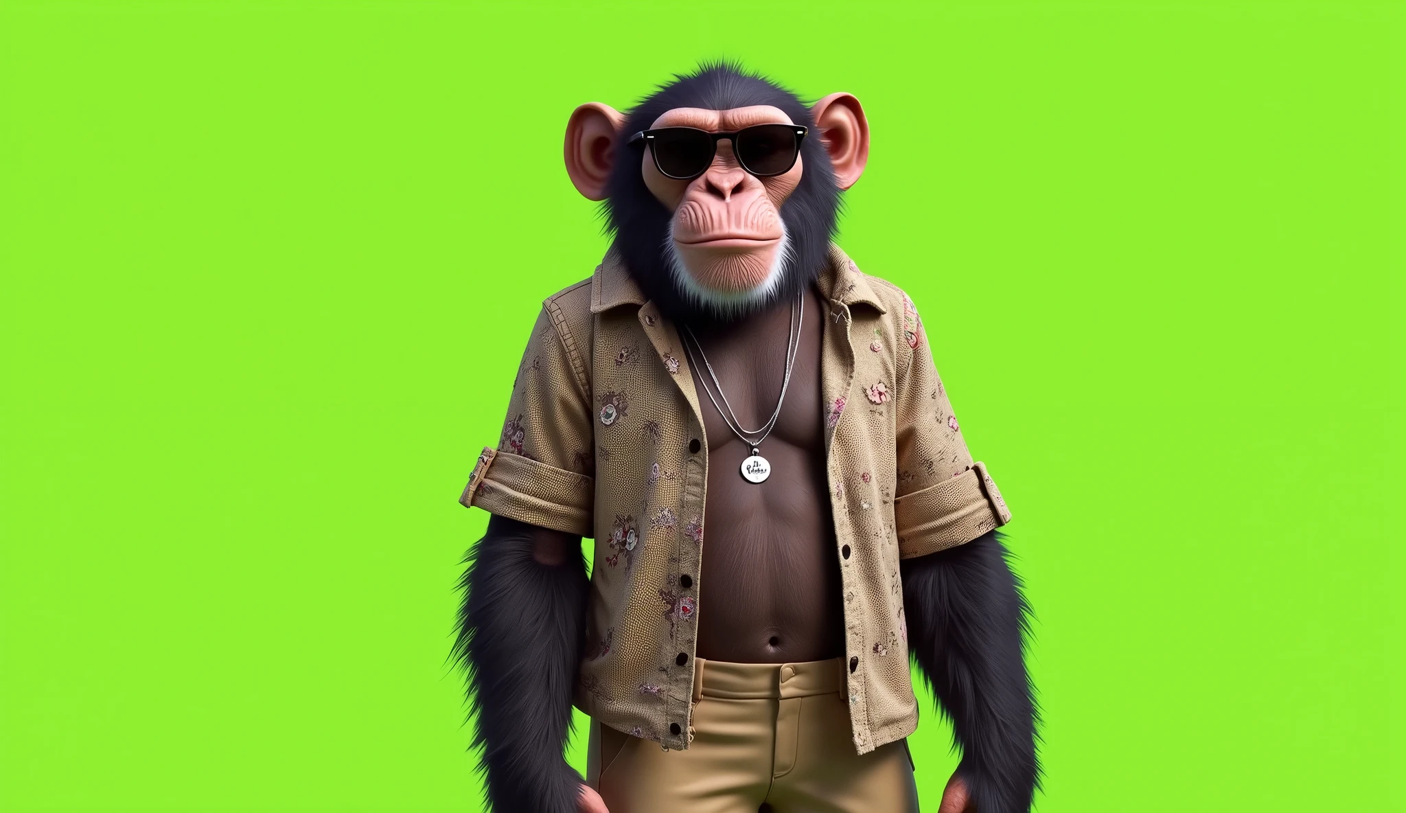 create a realistic image of a chimpanzee wearing khaki shorts and an open floral button-down shirt, silver necklace and Ray-Ban glasses on a lime green background