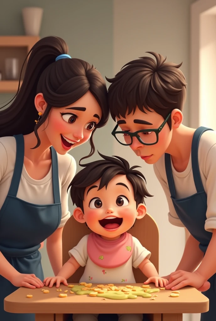 animated mom with a dark brown wavy hair and a dad with glasses, both wearing a plain white shirt and dark blue apron is admiring and looking at their baby with a dark brown hair wearing a white shirt and a pink drool bib getting messy while eating and exploring the foods sitting in a brown high chair