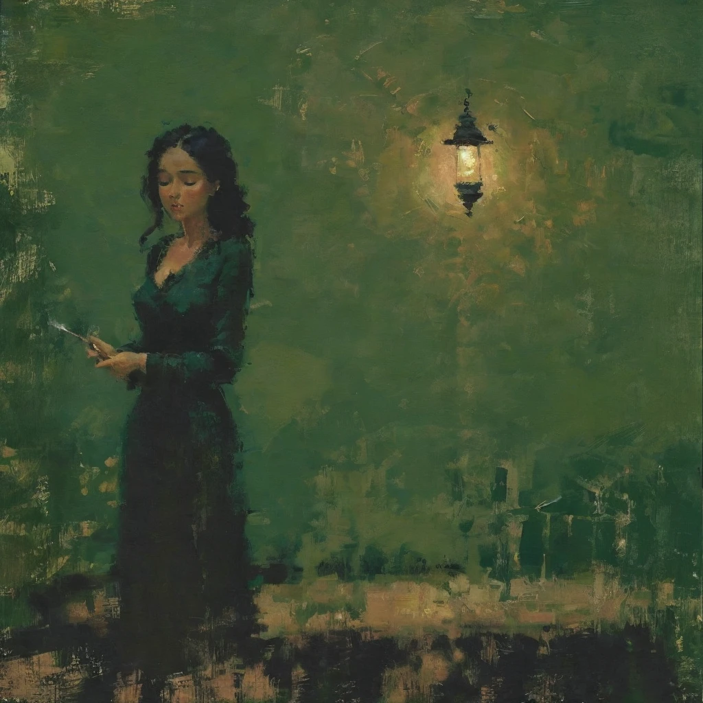 A painting of a Black woman in a dark, moody room with deep green walls, standing confidently with her eyes closed, wearing a dark teal dress. Her posture is relaxed yet strong, as she holds a cigarette in one hand, with smoke gently rising. The painting features bold, expressive brushstrokes that convey a "heta-uma" (naïve but skillful) style, blending rough, almost unfinished textures with a masterful sense of composition. The dark tones of the room are punctuated by a warm, glowing lamp on a wooden table, alongside an antique clock, which adds a vintage, intimate atmosphere. The woman's rich, dark skin contrasts beautifully against the green background, making her presence both powerful and serene within the composition.