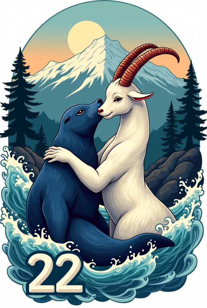 A logo of a seal and a goat together. You need a mountain and a wave in the background. You need number 22. The seal and the goat must be in love.