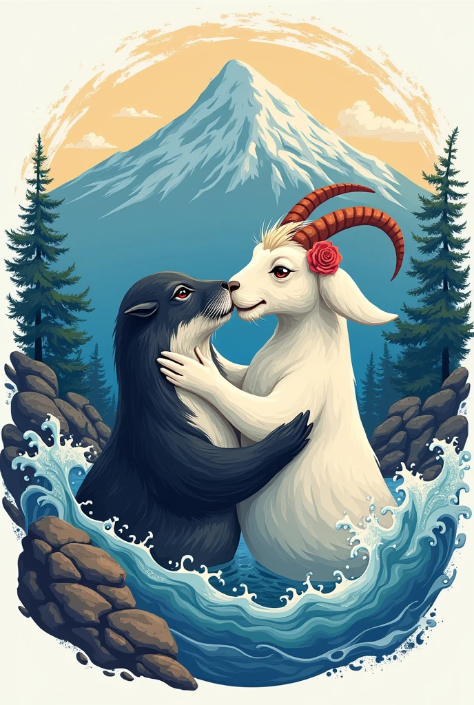 A logo of a seal and a goat together. You need a mountain and a wave in the background. You need number 22. The seal and the goat must be in love.