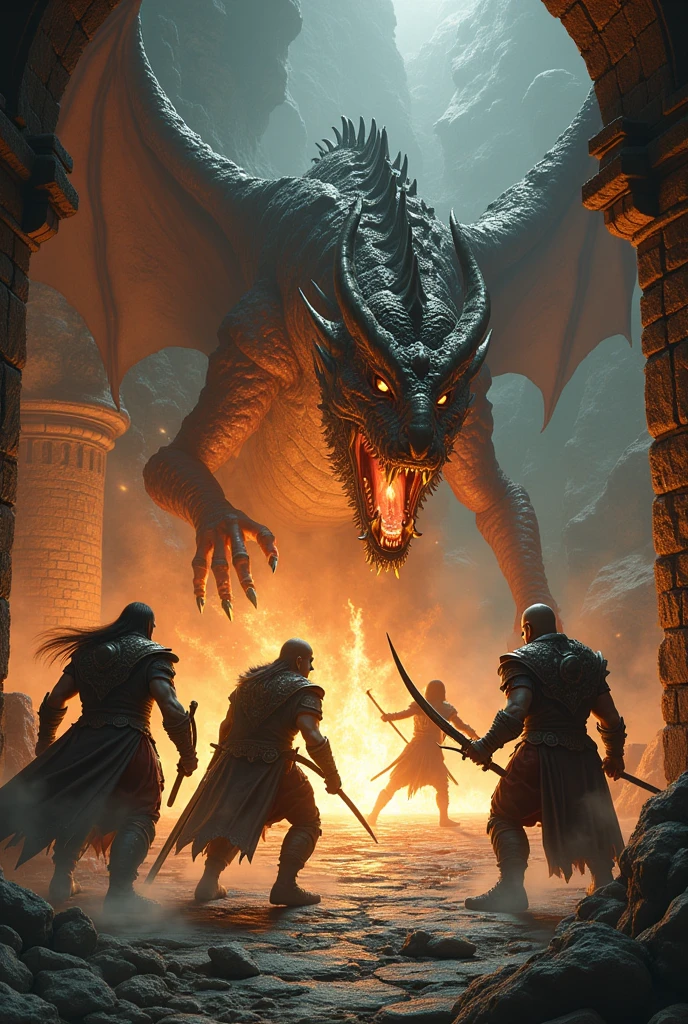 4 characters in different clothes: Elf Man, Halfling male, orc man and warrior girl,fighting a dragon in a dungeon