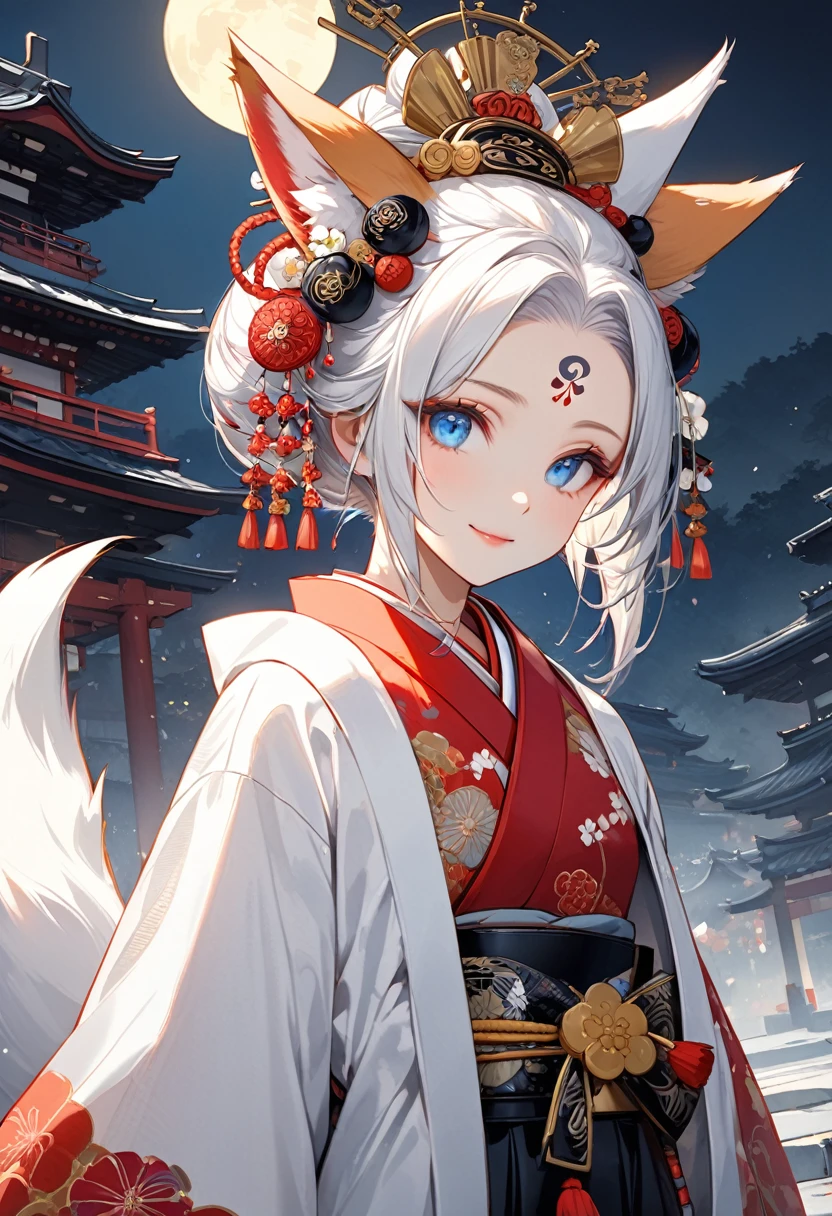 Ink painting, (((1 girl))), (((Tattoo in the middle of the forehead))),(((In the background is the Akatsuki moon))), (((Oiran))), (((Great hair accessories))), Demon possession, ((Masterpiece:1.2)), ((Highest quality)), Extremely detailed and delicate illustration style, Detailed leather texture, Detailed canvas texture, Very detailed description, (Masterpiece T), Extremely beautiful illustration, Highly detailed face, Raw image, professional, Ultra-high resolution panel, Complex details, Superior detail, Intricate decoration details, Perfect anatomy, real, (Very beautiful and cute black and white colored fox woman or girl with blue eyes wearing kimono), ((Beautiful black and white colored fox ears)), (Beautiful black and white colored fox tail), (Beautiful shiny black and white colored hair), (Beautiful and clear blue eyes), (Beautiful detailed eyes:1.6), (Traditional black and white detailed costume), Front view, White flower kimono, Black white colorful hakama long skirt, A maxi skirt, Modestly dressed, He smiles, ((Standing and looking at me)), ((The day)), (Extremely detailed and beautiful Japanese temple construction), (8K Highest quality wallpaper), (Extremely detailed and delicate background)