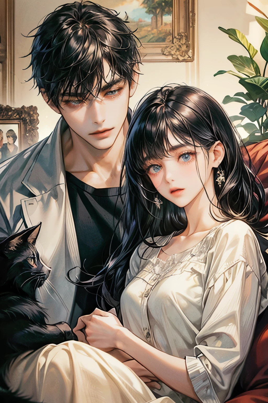 black hair, high resolution, Masterpiece, details, detailsสูง, โมเดลhigh resolution, simple background, college student couple,Play with cats, living room, black hair, long hair woman, Men with short hair