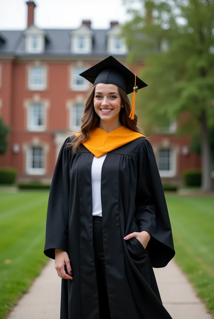 Woman that wearing college graduate toga