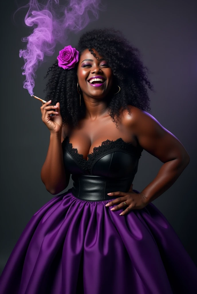 dark skinned black woman with voluminous chest length curly hair with a purple rose on the side of her hair, she is laughing,  wears tight black corset, a very voluminous dark purple skirt and holds a black cigarette in one hand where the smoke comes out purple and forms the shape of a trident, with dark photo background
