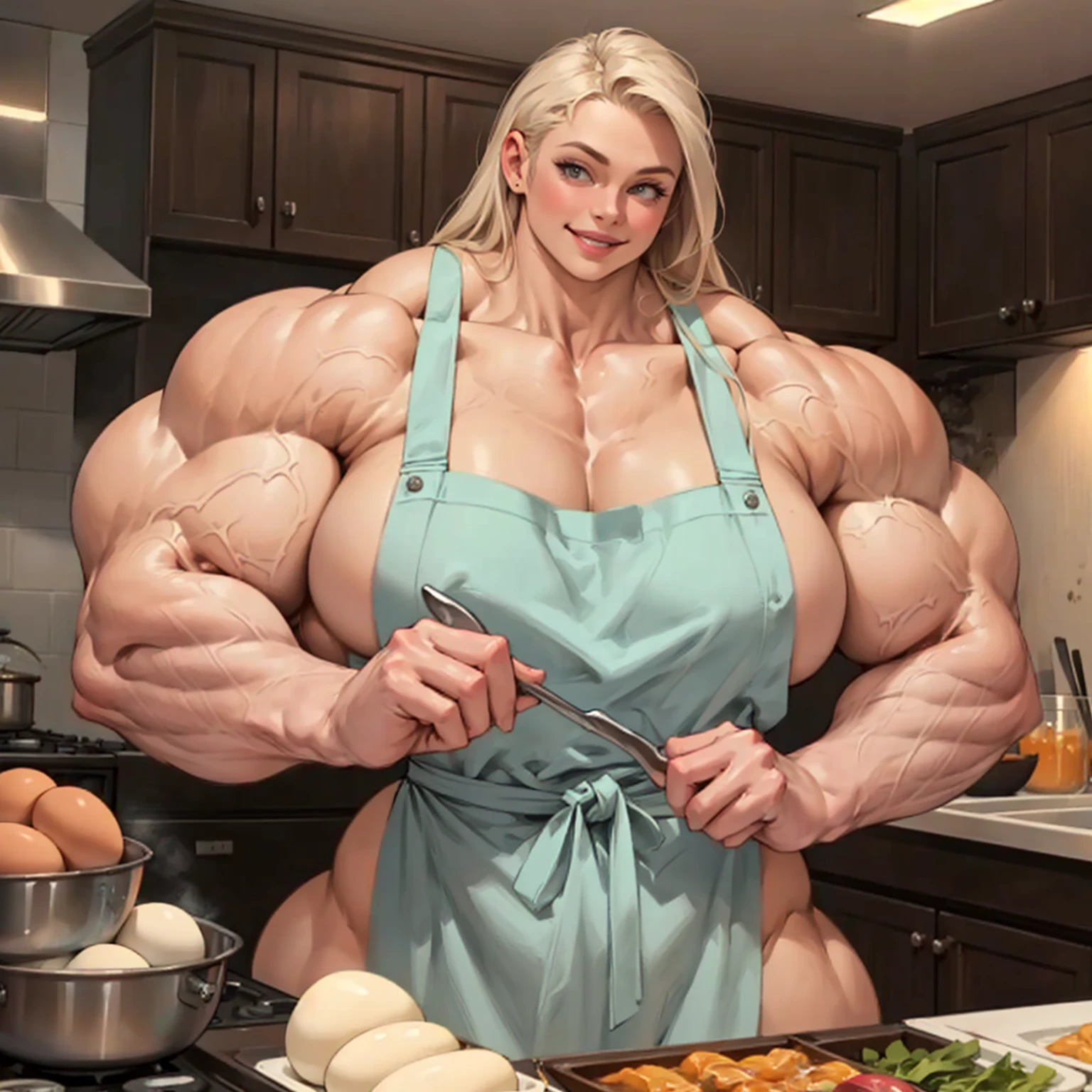 (masterpiece, realistic, detailed:1.2), young scandanavian girl, cooking, (hypermuscle:1.9), nude, apron, (open smile expression:1.2), small waist, gigantic ass, (realistic face:1.2), (huge lips), kitchen, eggs