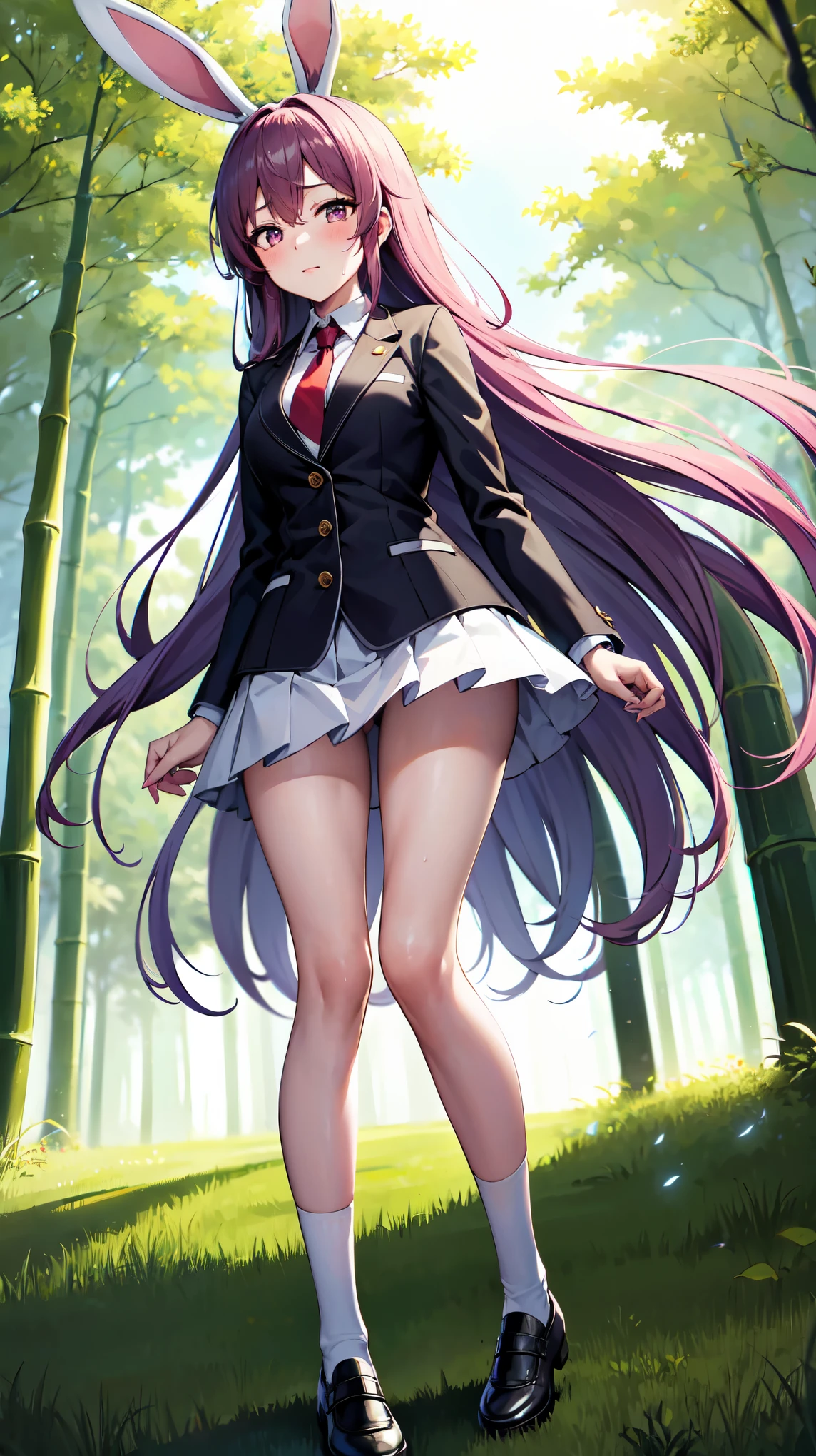 （（super high quality,Ultra-high resolution,16K,super masterpiece,Ultra HD,Ultra high definition,））Full body photo,One high school girl,White bunny ears,Very long straight purple hair,Slender body,Black blazer,All buttons are unbuttoned,White dress shirt,Long red tie,Pink mini skirt,White socks,blush,Looks at me so shyly,（（Leaning forward greatly:1.5,Hands tucked between the crotches:1.8,））Sweaty,Bamboo forest in the morning sun,（A strong wind is blowing:1.5,The wind messes up my hair and skirt:1.8,）Angle looking up from below,