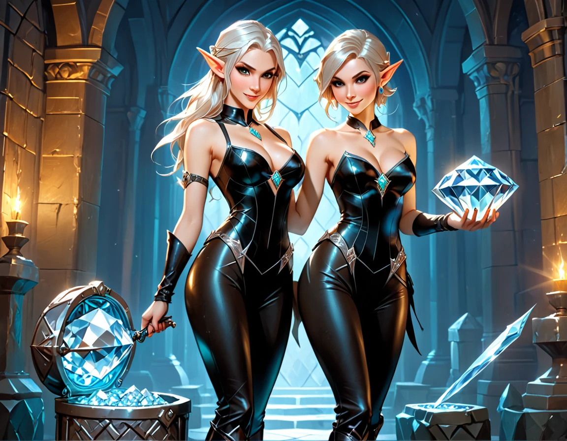 a picture of an elf thief holding an epic diamond in a vault, a female elf thief, full body, small pointy ears, dynamic hair color, dynamic hair style, pale skin, ultra detailed face, wearing black leather leotard, black leather pants, busty, small cleavage, high heel boots, she is happy for reaching her goal, success,  holding an epic sized (diamond: 1.3), brilliant diamond, many facets, diamond, fantasy safe vault background, torchlight,  vibrant, Ultra-high resolution, High Contrast, (masterpiece:1.5), highest quality, Best aesthetics), best details, best quality, highres, 16k, [ultra detailed], masterpiece, best quality, (extremely detailed) RAW, (ultra details, Masterpiece, best quality), diamondWM, Cinematic Shot