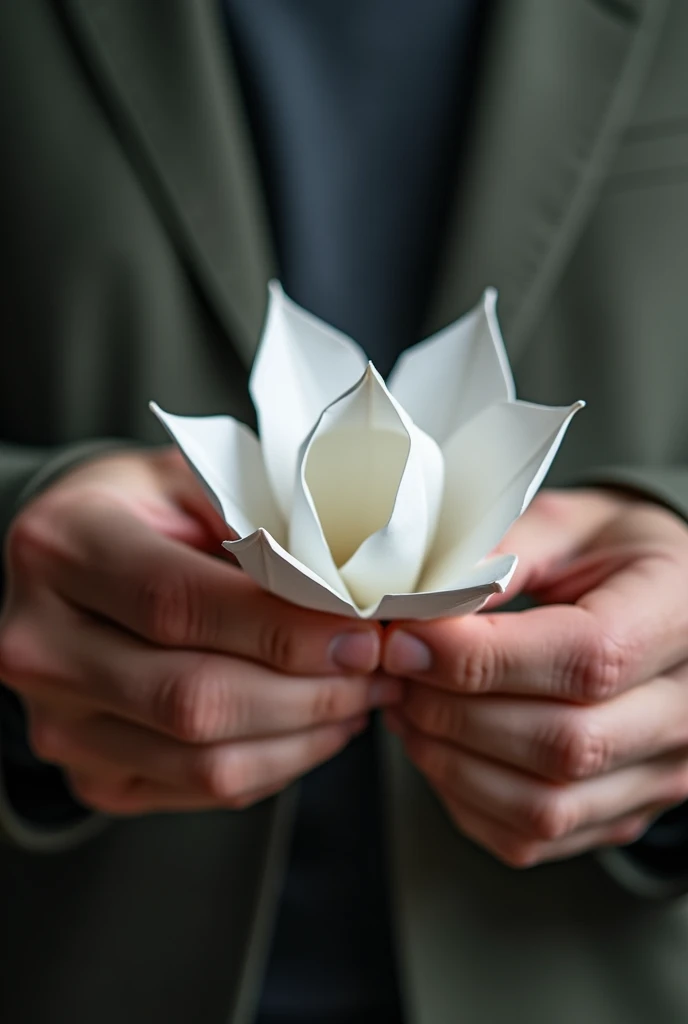 Close view of hand of a man, making a flower with white paper and taking close to his chest, close view