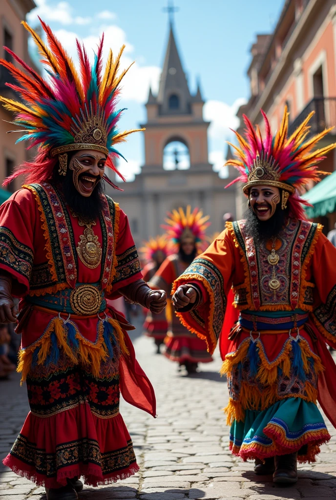 "Imagine the Oruro Carnival in Bolivia, one of the most important festivities in the country. The scene shows a street full of dancers dressed in colorful and elaborate costumes, adorned with masks and feathers. In the center, the Diablos and the Chinas Supay perform the famous Diablada dance, while the sound of traditional music bands fills the air, in the background, you can see a colonial church that stands out in contrast to the vibrant colors of the festivity. It captures the energy, mysticism, and the. cultural richness of this celebration, which mixes indigenous traditions with elements of Spanish culture."