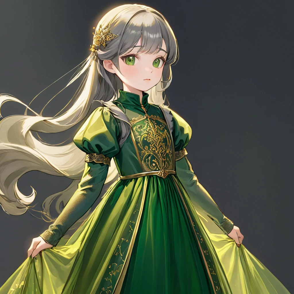 8 year old medieval girl, Gold embroidery、Green translucent long one-piece dress, gray translucent tights, realistic fabric, highest quality